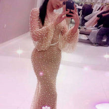 Load image into Gallery viewer, Autumn Middle East Women Clothing Mesh Round Neck Puff Sleeve Dress Skinny Hip Dress
