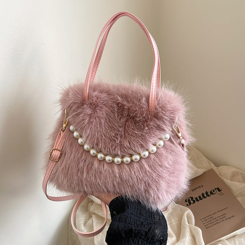 Women's Furry Tote Bag with Pearl Chain Shoulder Strap - Soft Faux Fox Fur Square Handbag