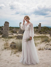 Load image into Gallery viewer, Women Round Neck Puff Sleeve Mesh Embroidery Dress Wedding Dress
