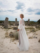 Load image into Gallery viewer, Women Round Neck Puff Sleeve Mesh Embroidery Dress Wedding Dress