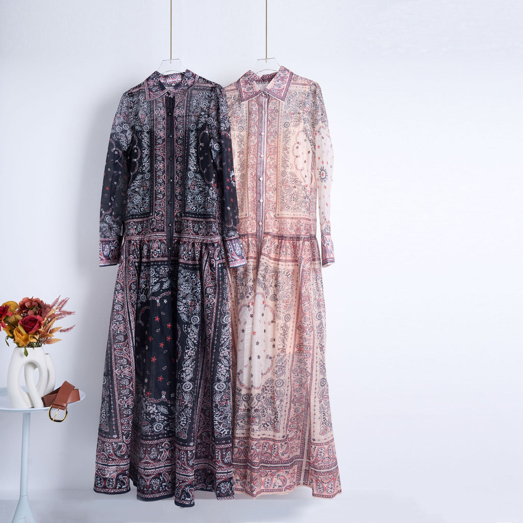 Women Lapel Single Breasted Super Long Two Piece Set With Positioning Printed Dress