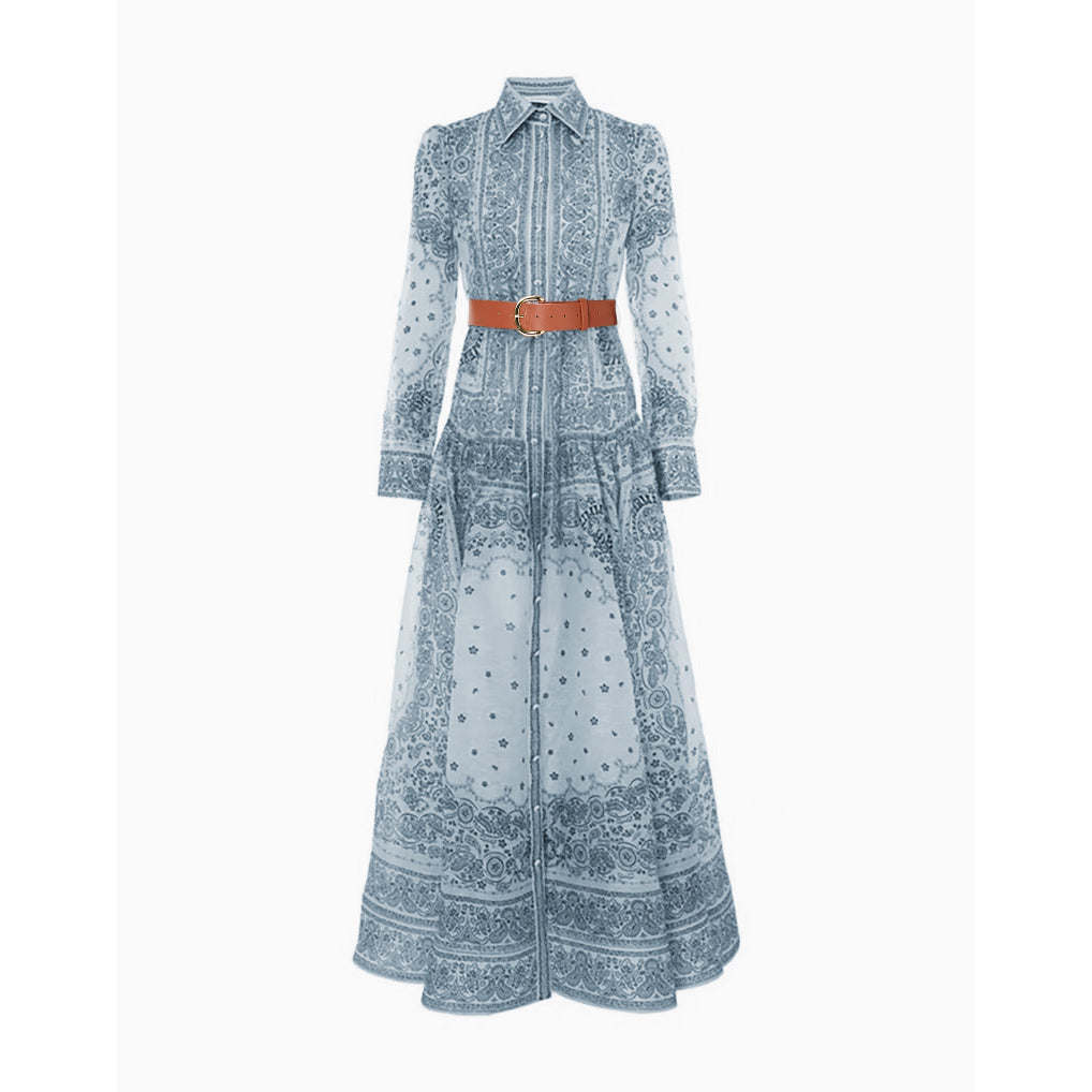 Women Lapel Single Breasted Super Long Two Piece Set With Positioning Printed Dress
