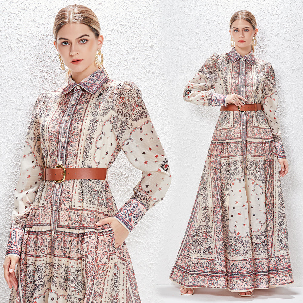 Women Lapel Single Breasted Super Long Two Piece Set With Positioning Printed Dress