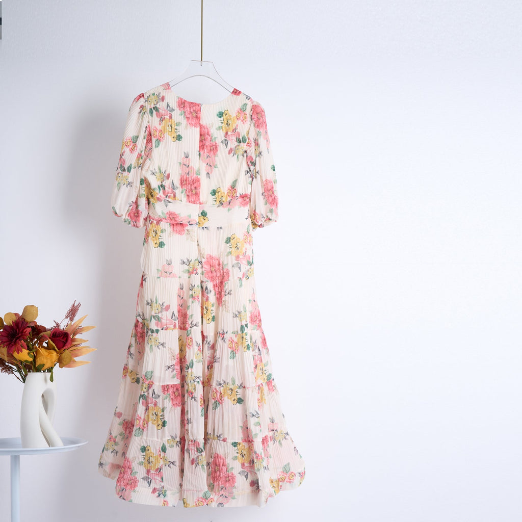 Heavy Duty Pleated Printed Oversized Swing Bubble Sleeve Dress Long Tight Waist Stitching Dress