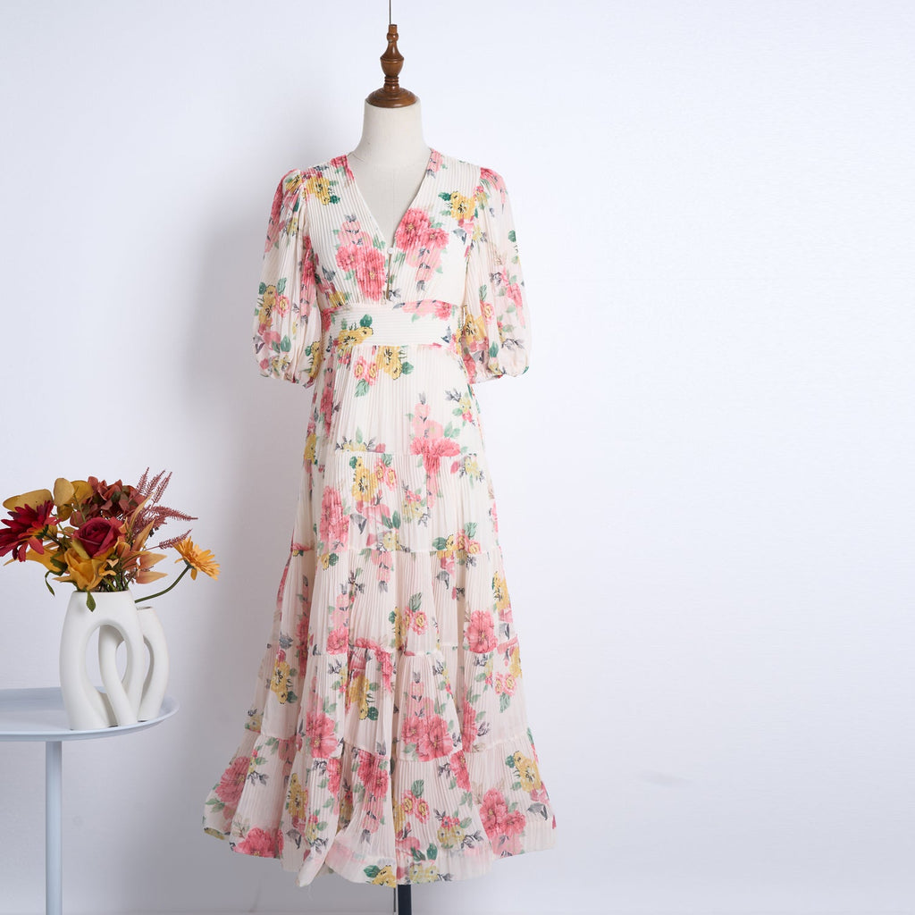 Heavy Duty Pleated Printed Oversized Swing Bubble Sleeve Dress Long Tight Waist Stitching Dress