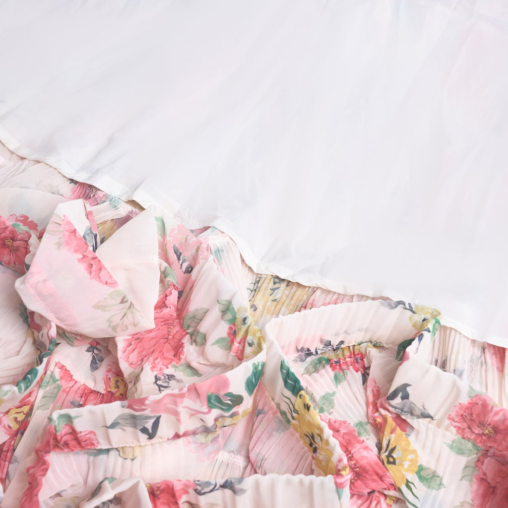 Heavy Duty Pleated Printed Oversized Swing Bubble Sleeve Dress Long Tight Waist Stitching Dress
