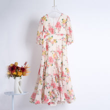 Load image into Gallery viewer, Heavy Duty Pleated Printed Oversized Swing Bubble Sleeve Dress Long Tight Waist Stitching Dress