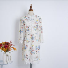 Load image into Gallery viewer, Spring Summer Heavy Industry Stitching Lace Single Breasted Stand Collar Horn Sleeve Printed Dress Short
