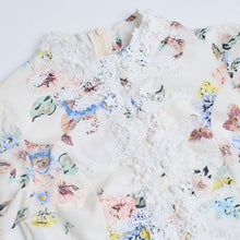Load image into Gallery viewer, Spring Summer Heavy Industry Stitching Lace Single Breasted Stand Collar Horn Sleeve Printed Dress Short
