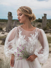 Load image into Gallery viewer, Women Round Neck Puff Sleeve Mesh Embroidery Dress Wedding Dress