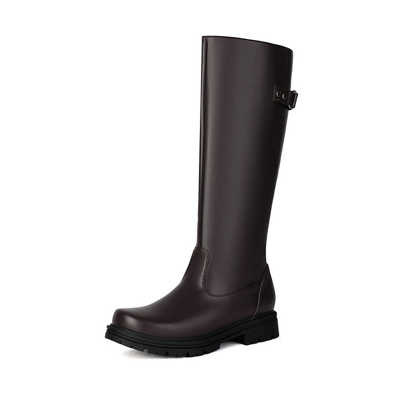 Women's Retro British-Style Chunky Heel Riding Boots | Belt Buckle Side Zipper | Black Brown