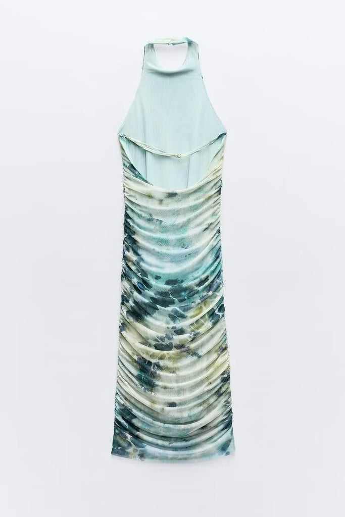 Spring Summer Women Clothing Ink Printing Deep V Plunge Large Backless Dress