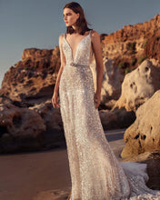 Load image into Gallery viewer, Summer Women Dress V neck Sleeveless Waist Tight Silver Paillette Camisole Gown