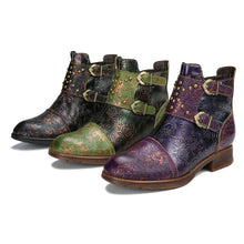Load image into Gallery viewer, Women's Ethnic Rivet Buckle Boots - Cowhide Leather Fashion Ankle Boots with Side Zipper