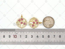 Load image into Gallery viewer, Fuchsia CZ Micro Pave Flower On Round Frame Shape Pendant,18K Gold Filled Flower Charm, Necklace Bracelet Charm Pendant, 21x21mm, Sku#LK469