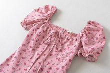 Load image into Gallery viewer, Summer Pink Roses Maxi Dress Puff Sleeve Self Tie Dress