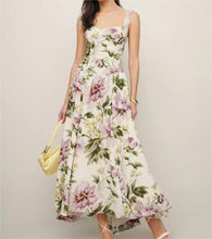 Load image into Gallery viewer, Women Clothing French Vintage Print Lace Up Midi Dress Waist Controlled Slimming Dress