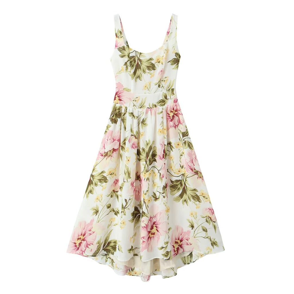 Women Clothing French Vintage Print Lace Up Midi Dress Waist Controlled Slimming Dress