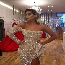 Load image into Gallery viewer, Spring Summer Women Clothing Dress Sexy off the Shoulder Mop Sequined Cocktail Evening Dress