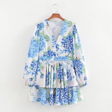Load image into Gallery viewer, Women Printed Long Sleeve Short Dress Summer Sexy V neck Slim Fit Ruffled A line Dress