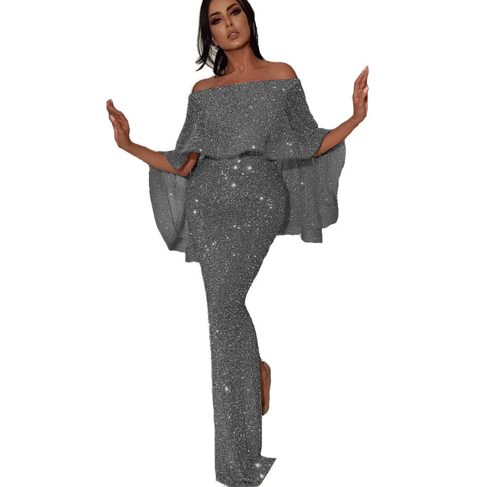Back Big Ruffled Wrapped Chest off-Shoulder Dress Blingbling Sheath Slit Evening Dress