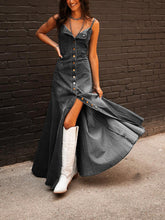 Load image into Gallery viewer, Ladies Summer Vintage Cotton Denim Washed Distressed Strap Slim Fit Buckle Large Swing Dress
