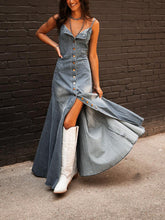 Load image into Gallery viewer, Ladies Summer Vintage Cotton Denim Washed Distressed Strap Slim Fit Buckle Large Swing Dress