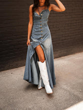Load image into Gallery viewer, Ladies Summer Vintage Cotton Denim Washed Distressed Strap Slim Fit Buckle Large Swing Dress