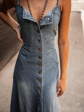 Load image into Gallery viewer, Ladies Summer Vintage Cotton Denim Washed Distressed Strap Slim Fit Buckle Large Swing Dress