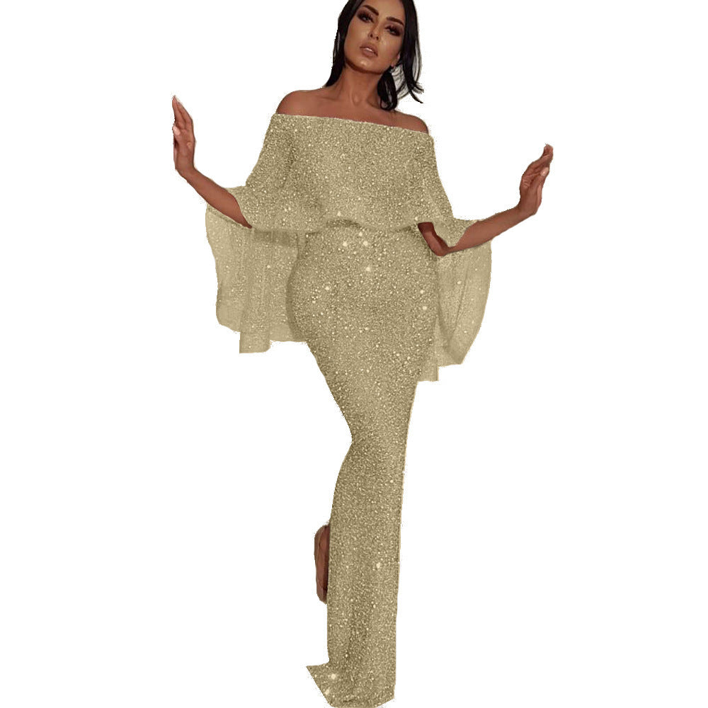 Back Big Ruffled Wrapped Chest off-Shoulder Dress Blingbling Sheath Slit Evening Dress