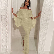 Load image into Gallery viewer, Back Big Ruffled Wrapped Chest off-Shoulder Dress Blingbling Sheath Slit Evening Dress