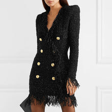Load image into Gallery viewer, Bright Silk Woolen Tassel Double Breasted V neck Long-Sleeved Slim Fit Short Dress Coat