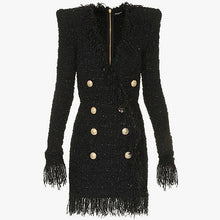 Load image into Gallery viewer, Bright Silk Woolen Tassel Double Breasted V neck Long-Sleeved Slim Fit Short Dress Coat