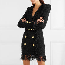 Load image into Gallery viewer, Bright Silk Woolen Tassel Double Breasted V neck Long-Sleeved Slim Fit Short Dress Coat