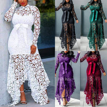 Load image into Gallery viewer, Women Clothing Wish Lace Hollow Out Cutout out Long Sleeve Stand-up Collar Tie 5 Colors Irregular Asymmetric Plus size
