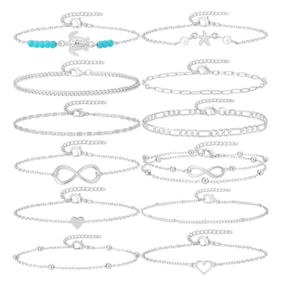 12Pcs Women's Charm Anklet Set Multilayer Chain Ankle Bracelets Boho Silver Anklet for Women