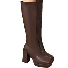 Load image into Gallery viewer, Women's Chunky Heel Stretch Boots – Thick Sole, High Shaft | Brown &amp; Black