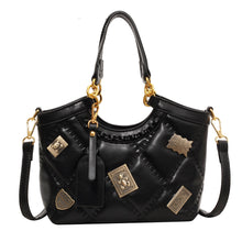 Load image into Gallery viewer, Diamond-Pattern Badge Shoulder Crossbody Bag for Women - PU Leather Bucket Bag with Chain Strap