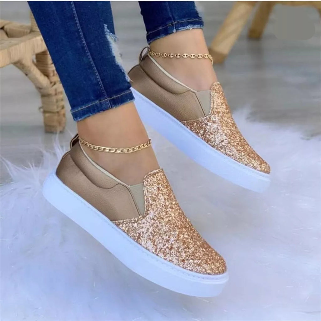 Women's Sequin Platform Slip-On Flats | Sparkle Round Toe Shoes