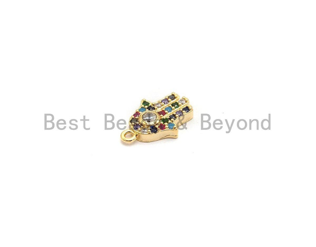 CZ Micro Pave Multi Color Hamsa Hand Pendant, Hamsa Hand Shaped Pave Pendant, Gold plated, 9x13mm, Sku#B114