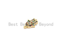 Load image into Gallery viewer, CZ Micro Pave Multi Color Hamsa Hand Pendant, Hamsa Hand Shaped Pave Pendant, Gold plated, 9x13mm, Sku#B114