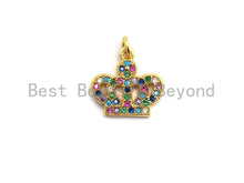 Load image into Gallery viewer, CZ Colorful Micro Pave Crown Pendant, Crown Shaped Pave Pendant, Gold plated, 15x13mm, Sku#F752