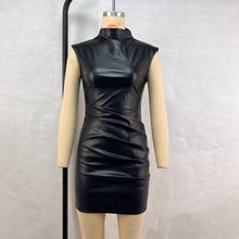 Load image into Gallery viewer, Women Clothing Street Hipster Faux Leather Stand Collar Sleeveless Oversleeve Sheath Pleated Dress