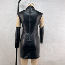 Load image into Gallery viewer, Women Clothing Street Hipster Faux Leather Stand Collar Sleeveless Oversleeve Sheath Pleated Dress