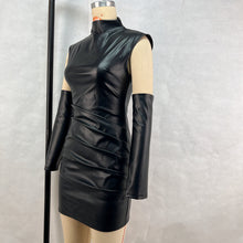 Load image into Gallery viewer, Women Clothing Street Hipster Faux Leather Stand Collar Sleeveless Oversleeve Sheath Pleated Dress