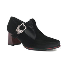 Load image into Gallery viewer, Women's Suede Chunky Heel Pumps – Square Toe Buckle Block Heels | Black, Wine Red, Green