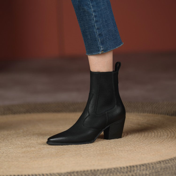Women's Retro Pointed-Toe Ankle Boots with Elastic Band and Chunky Heel
