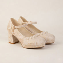 Load image into Gallery viewer, Women's Jacquard Mary Jane Platform Heels | Pearl Bow Waterproof Wedding Shoes