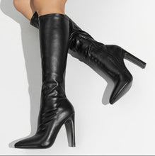 Load image into Gallery viewer, Pointed Toe Satin Mid-Calf Knight Boots with Side Zipper | Chunky Heel | Black &amp; Brown