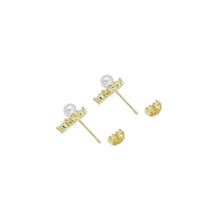 Load image into Gallery viewer, Pearl Gold Clear CZ Bar Stud Earrings, Sku#LD477